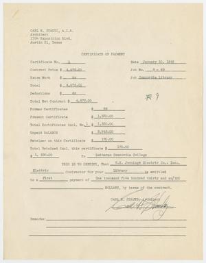 Primary view of object titled '[Certificate of Payment from Carl Stautz to Lutheran Concordia College for W. K. Jennings Electric]'.