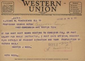 Primary view of object titled '[Telegram from Martin Neeb to George Beto, December 19, 1947]'.