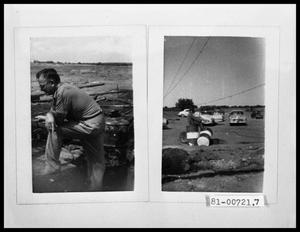 Primary view of object titled 'Man at Oil Well Drilling Site; Man and Cars at Oil Well Drilling Site'.