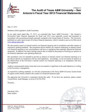 Primary view of object titled 'A Report on the Audit of Texas A&M University - San Antonio's Fiscal Year 2012 Financial Statements'.