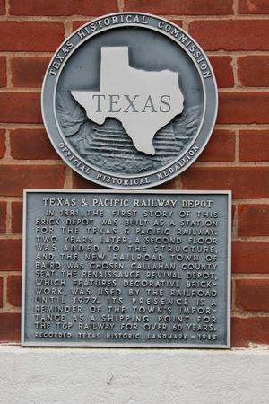 Primary view of object titled 'Texas & Pacific Railway Depot plaque, Baird'.