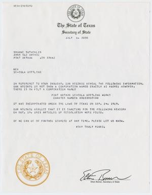 Primary view of object titled '[Letter from the Texas Secretary of State to Yvonne Sutherlin, July 6, 2000]'.