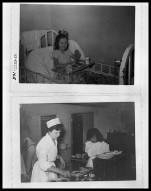Primary view of object titled 'Child in Bed Eating Meal; Nurses Preparing Meal Trays'.