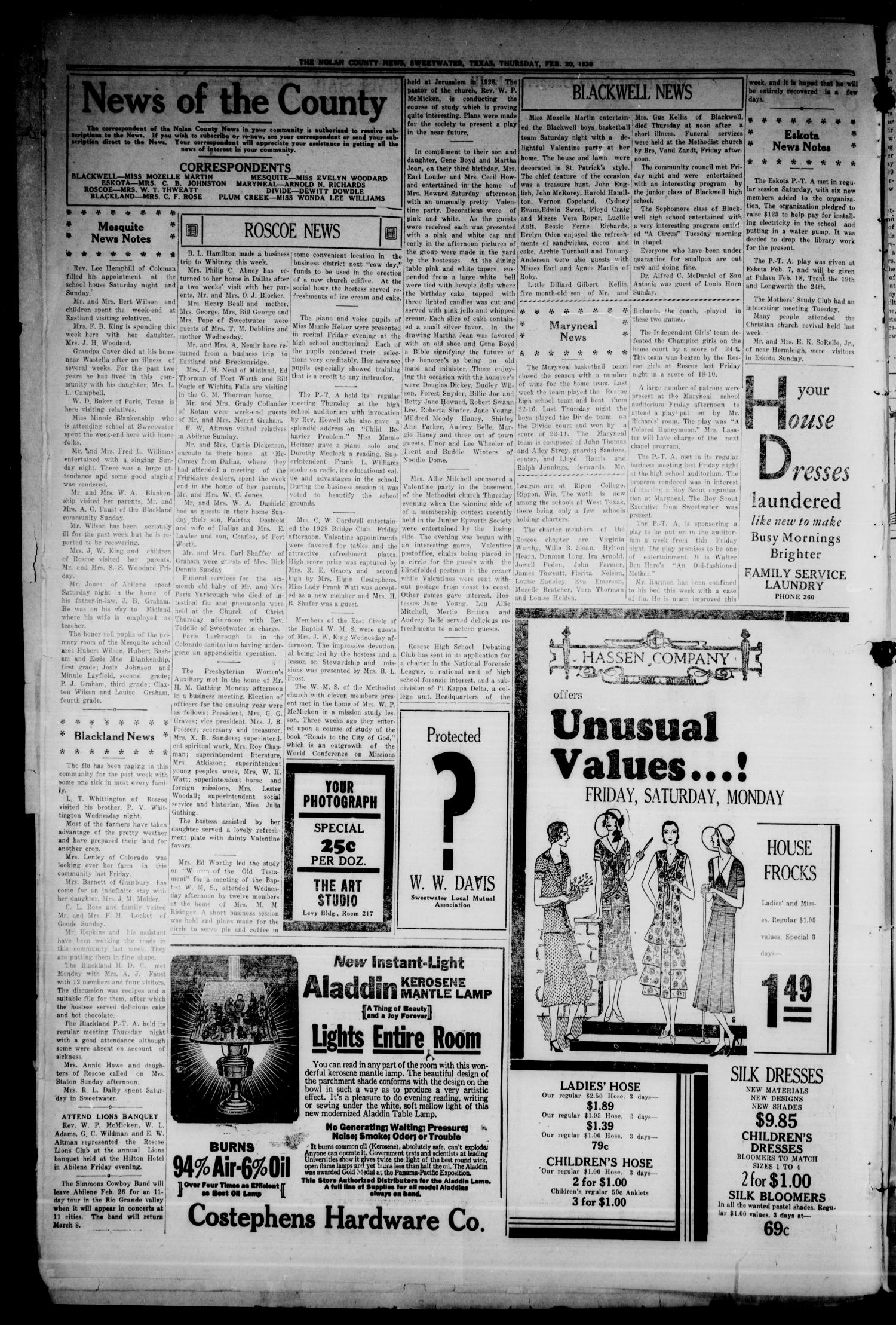 The Nolan County News (Sweetwater, Tex.), Vol. 6, No. 5, Ed. 1 Thursday, February 20, 1930
                                                
                                                    [Sequence #]: 4 of 16
                                                