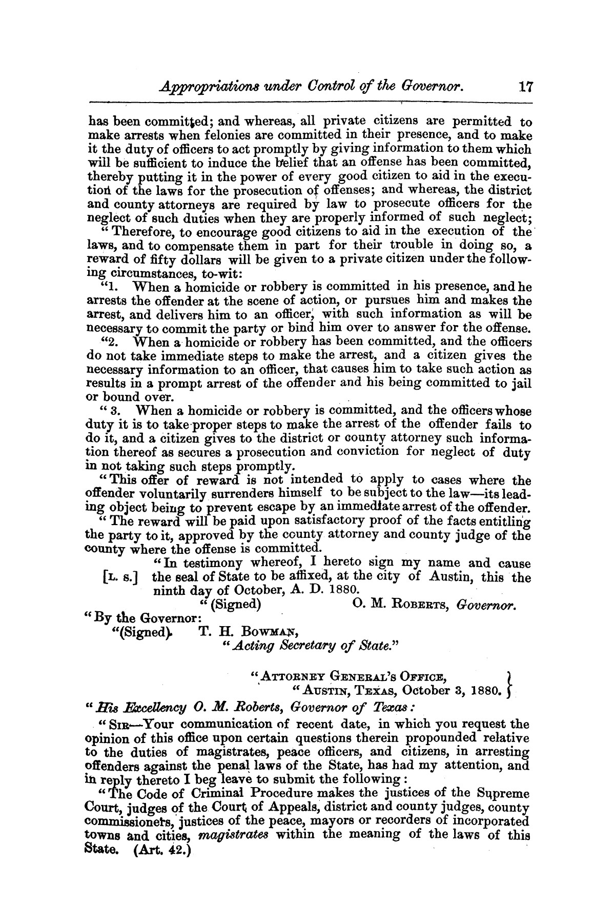 Message of Gov. O. M. Roberts on appropriations and expenditures under the control of the governor to the seventeenth legislature of the state of of Texas, convened at the city of Austin, in regular session, January 11, 1881.
                                                
                                                    [Sequence #]: 17 of 23
                                                