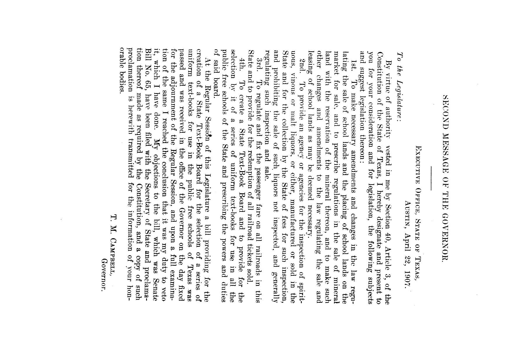 Message of Governor T.M. Campbell to the first called session of the thirtieth legislature of Texas: together with the proclamation of the Governor convening the legislature in extra-ordinary session.
                                                
                                                    [Sequence #]: 8 of 8
                                                