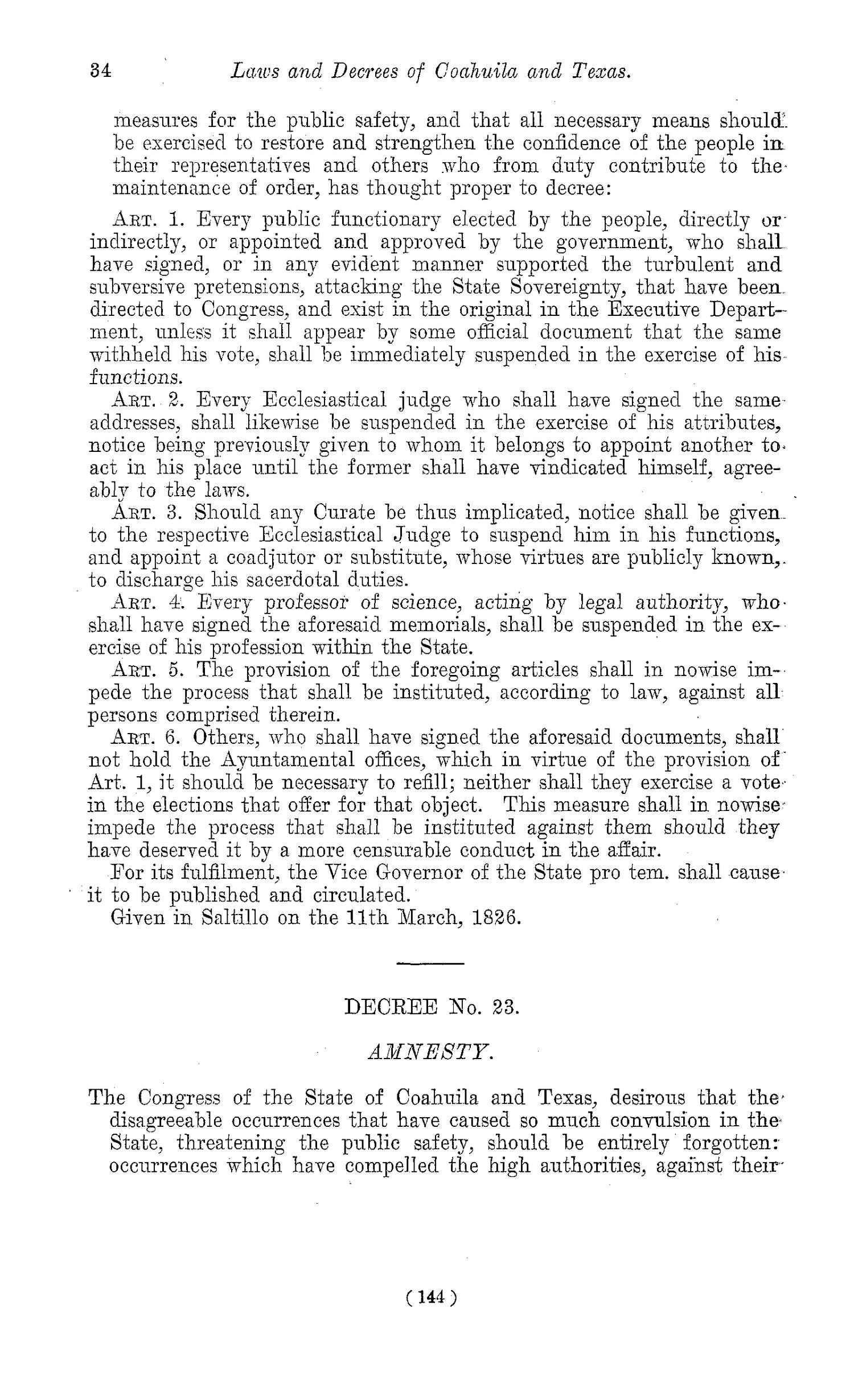 The Laws of Texas, 1822-1897 Volume 1
                                                
                                                    144
                                                