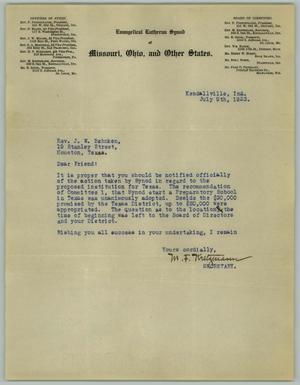 Primary view of object titled '[Letter from M. F. Kretzmann to J. W. Behnken, July 9, 1923]'.