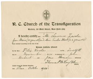 Primary view of object titled '[Certified Marriage Record of Zavala and West]'.