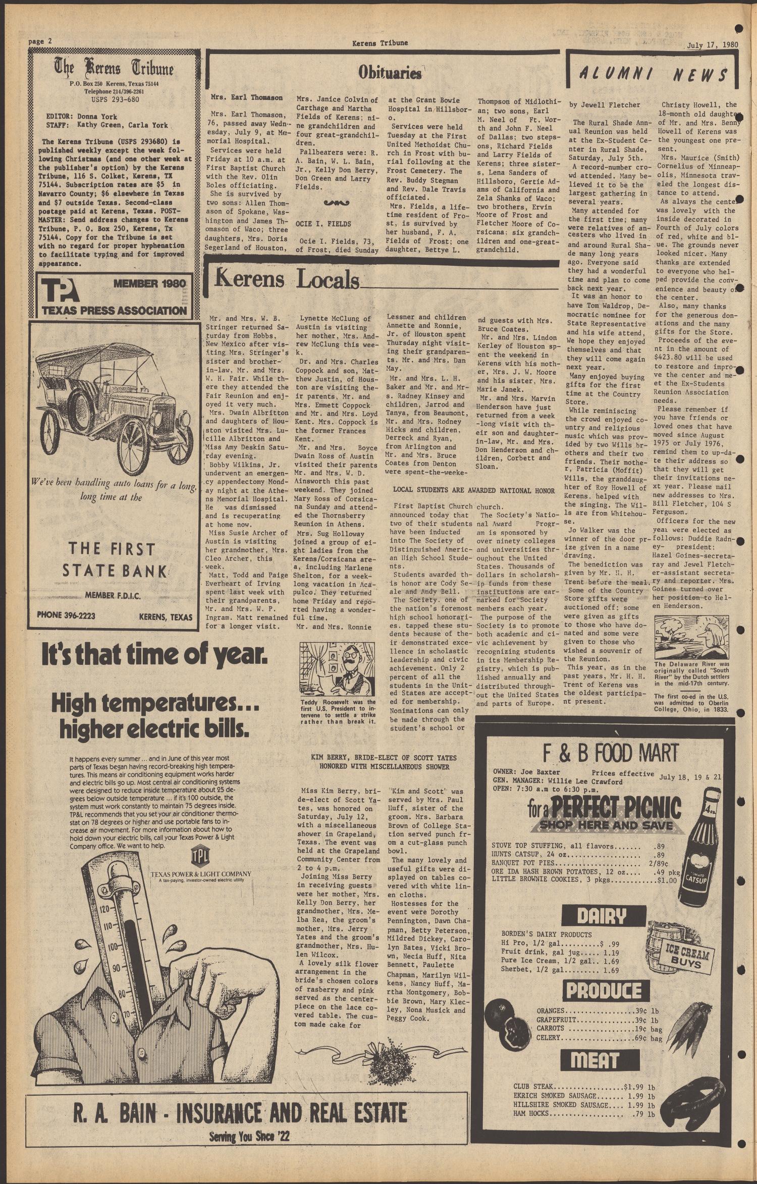The Kerens Tribune (Kerens, Tex.), Vol. 88, No. 29, Ed. 1 Thursday, July 17, 1980
                                                
                                                    [Sequence #]: 2 of 6
                                                
