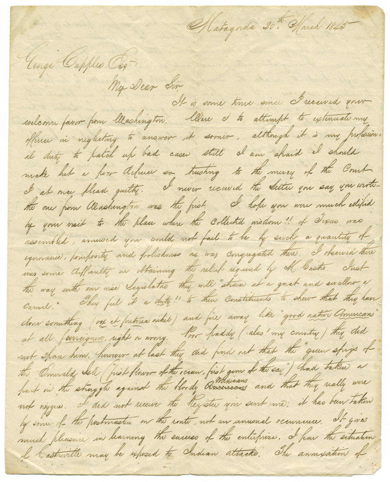 Letter from William L. Delap to George Cupples, March 20, 1845
                                                
                                                    [Sequence #]: 1 of 6
                                                