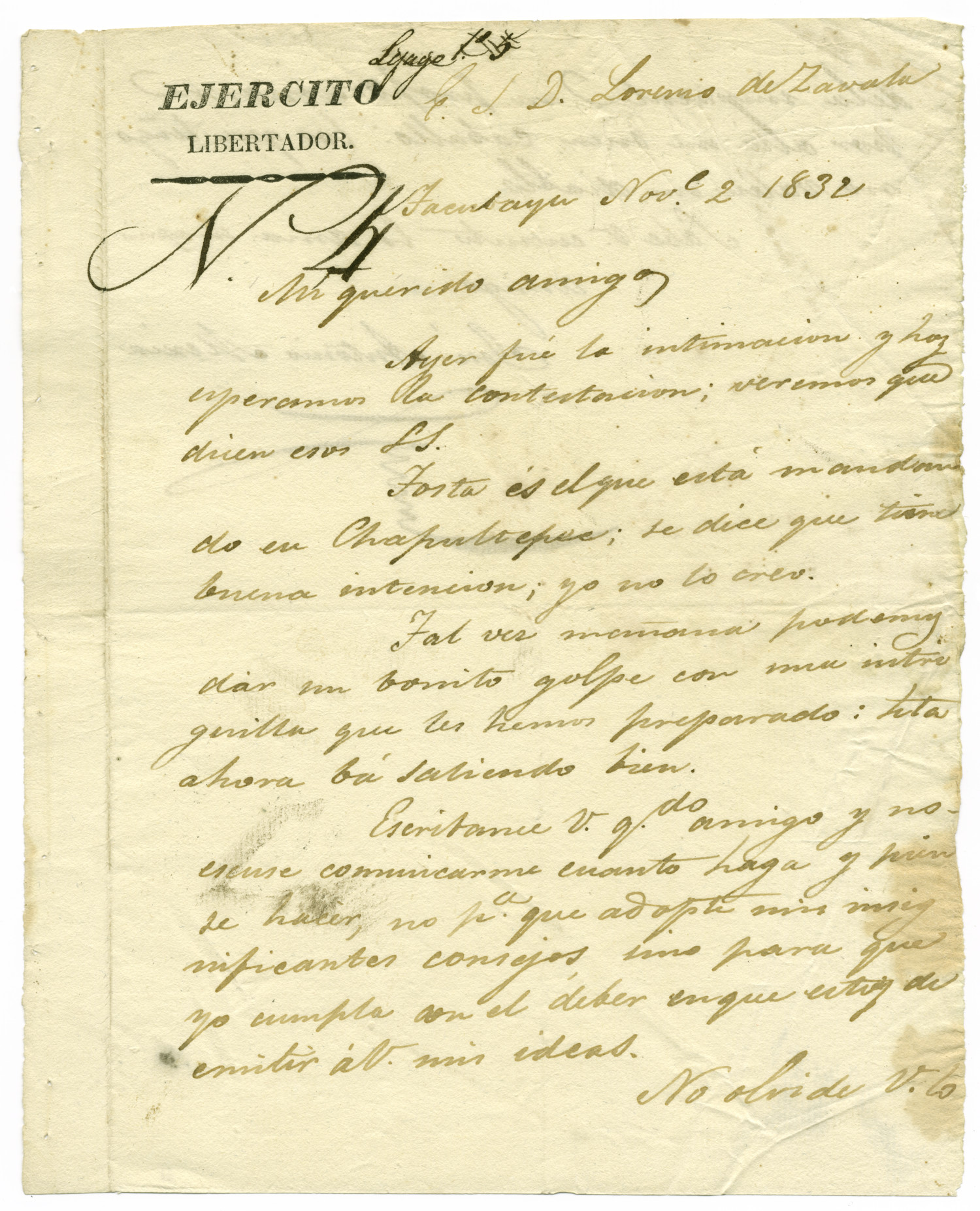 [Letter from Jose Antonio Mexia to Lorenzo de Zavala, November 2, 1832]
                                                
                                                    [Sequence #]: 1 of 2
                                                