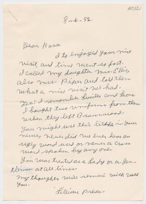 [Letter from Lillian Preas to Rosa Walston Latimer - August 6, 1992]