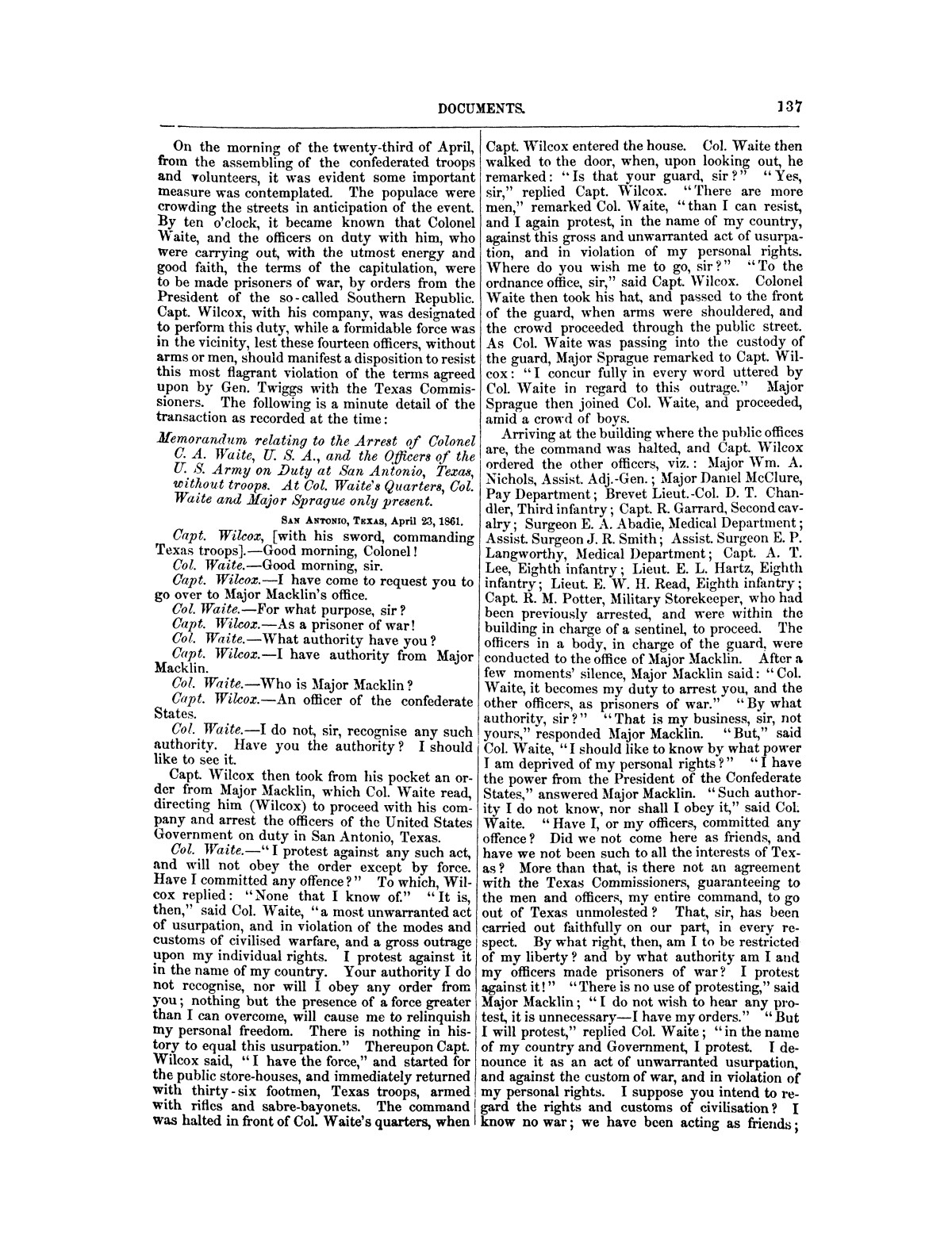The treachery in Texas, the secession of Texas, and the arrest of the United States officers and soldiers serving in Texas. Read before the New-York Historical Society, June 25, 1861. By Major J. T. Sprague, U. S. A.
                                                
                                                    [Sequence #]: 31 of 36
                                                