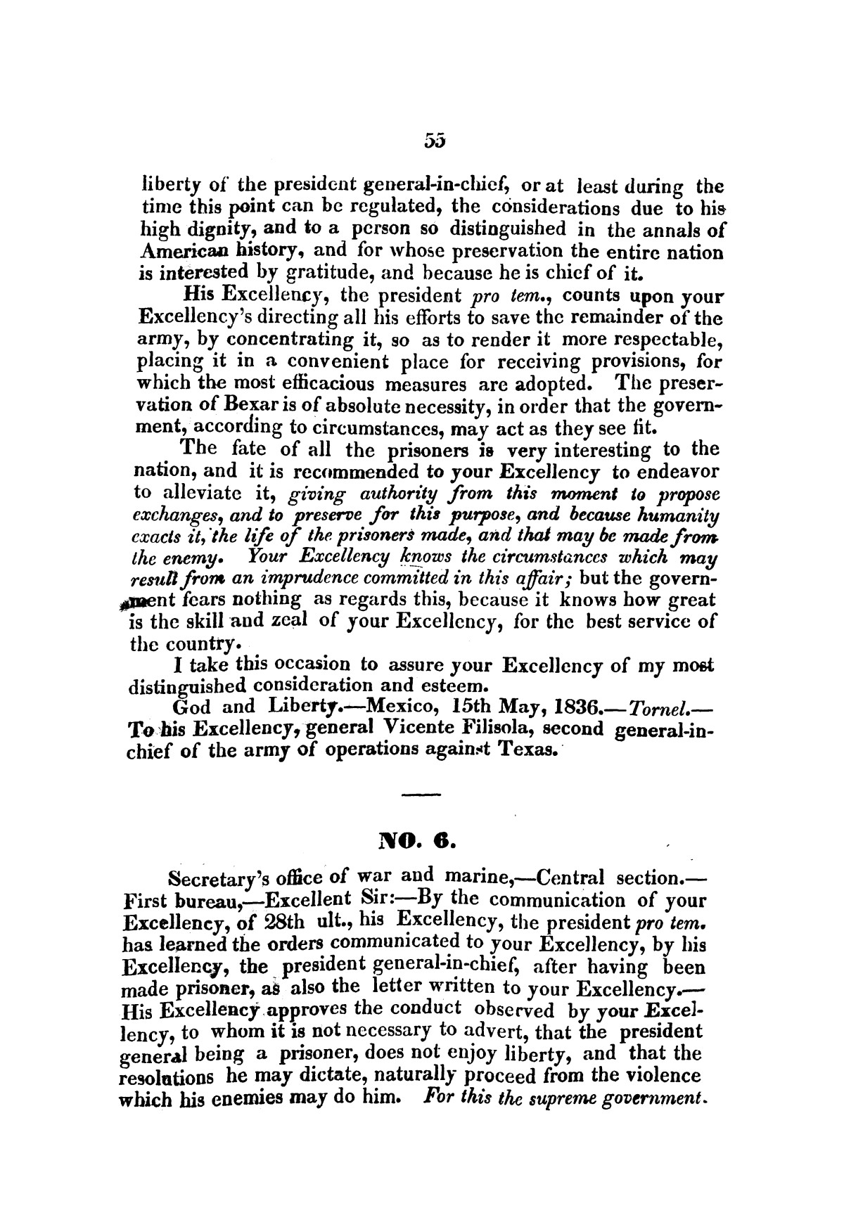 Evacuation of Texas : translation of the Representation addressed to the supreme government / by Vicente Filisola, in defence of his honor, and explanation of his operations as commander-in-chief of the army against Texas.
                                                
                                                    [Sequence #]: 58 of 72
                                                