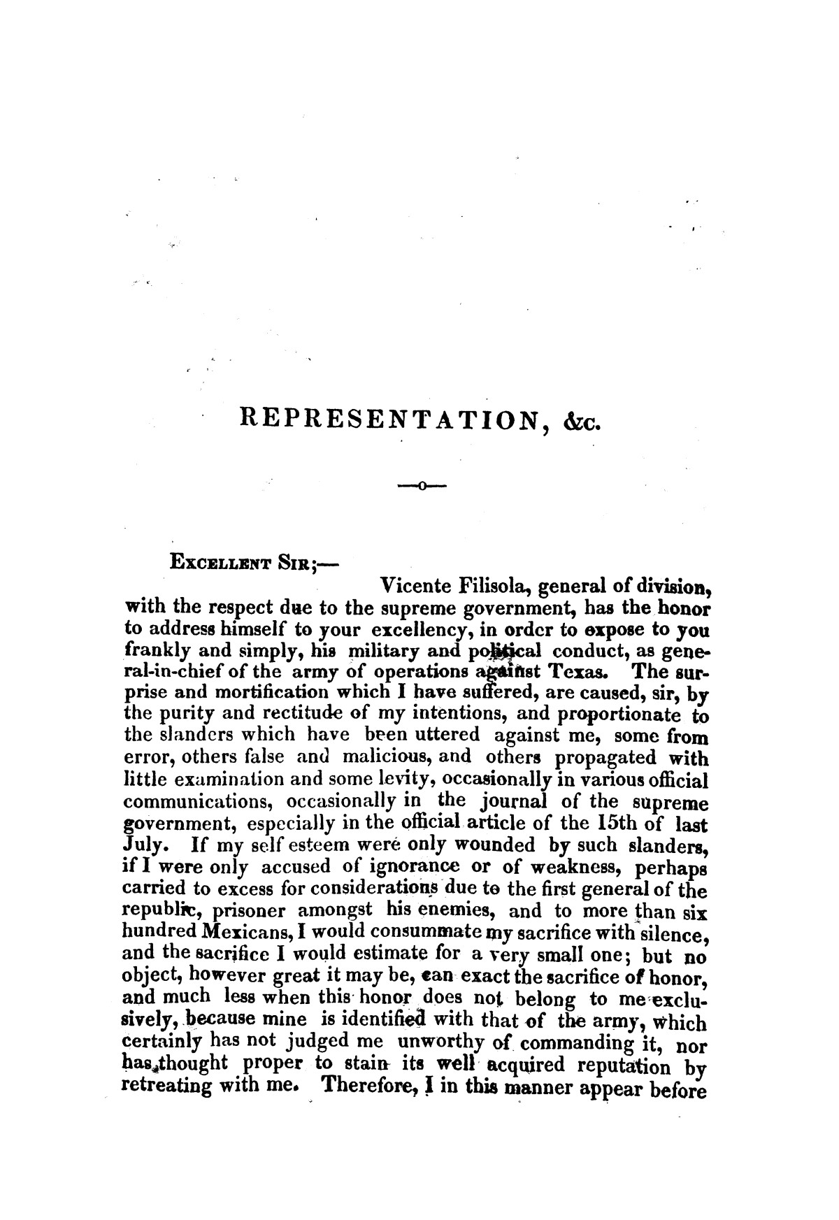 Evacuation of Texas : translation of the Representation addressed to the supreme government / by Vicente Filisola, in defence of his honor, and explanation of his operations as commander-in-chief of the army against Texas.
                                                
                                                    [Sequence #]: 6 of 72
                                                