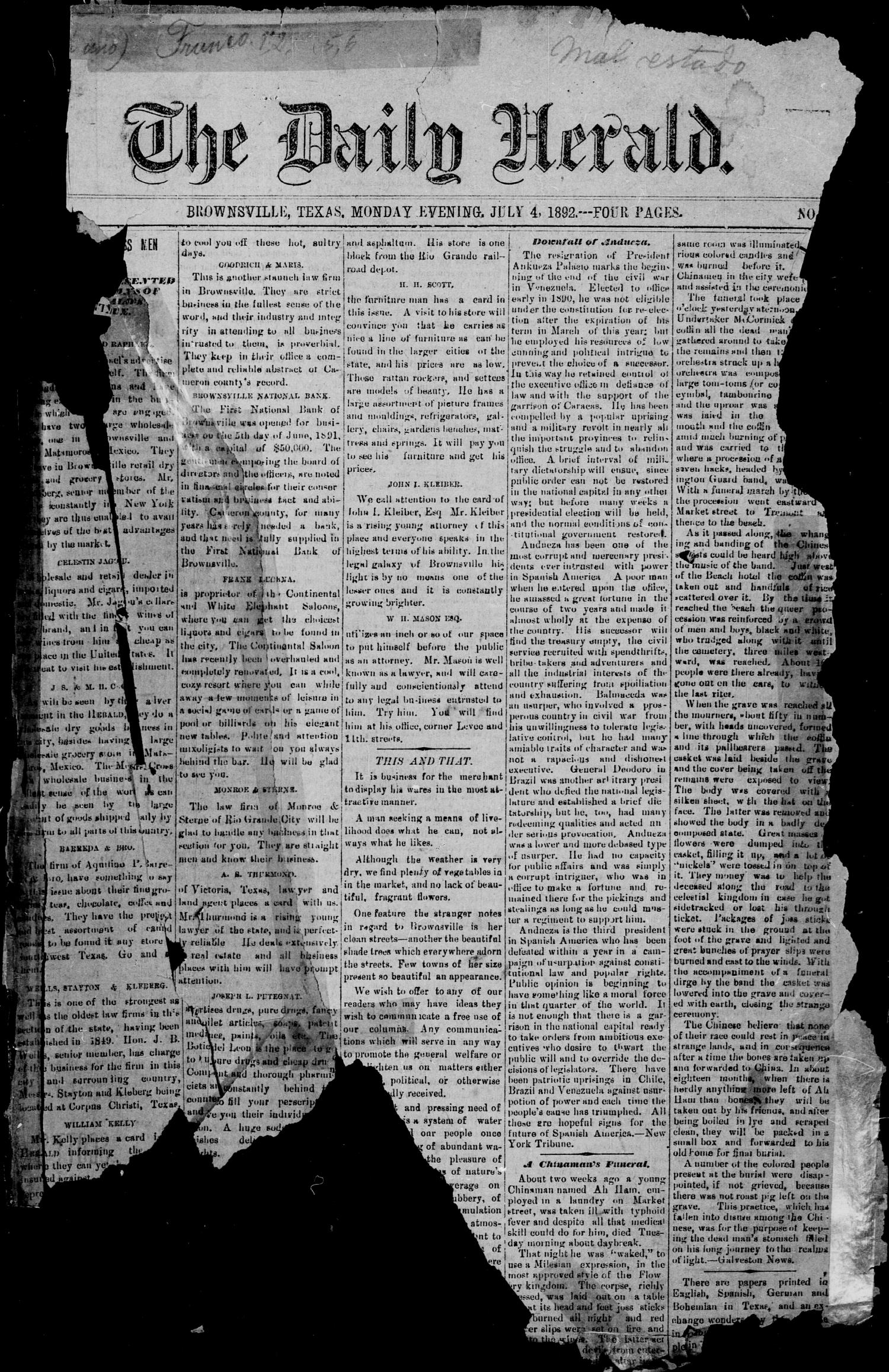 The Daily Herald (Brownsville, Tex.), Vol. 1, No. 1, Ed. 1, Monday, July 4, 1892
                                                
                                                    [Sequence #]: 1 of 2
                                                