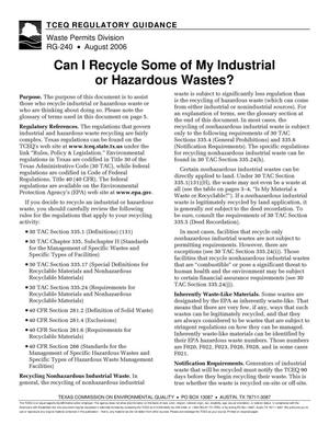 Primary view of object titled 'Can I Recycle Some of My Industrial or Hazardous Wastes?'.