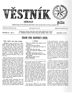 Primary view of object titled 'Věstník (West, Tex.), Vol. 56, No. 3, Ed. 1 Wednesday, January 17, 1968'.
