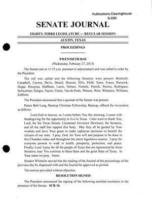 Primary view of object titled 'Journal of the Senate of Texas: 83rd Legislature, Regular Session, Wednesday, February 27, 2013'.