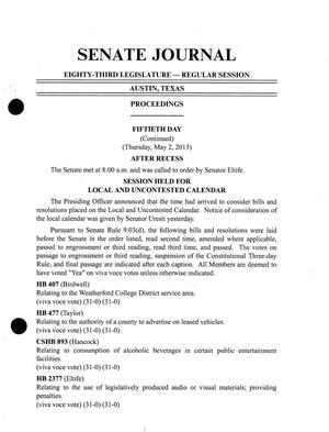 Primary view of object titled 'Journal of the Senate of Texas: 83rd Legislature, Regular Session, Thursday, May 2, 2013, Continued'.