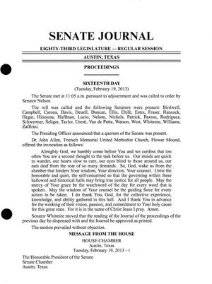 Primary view of object titled 'Journal of the Senate of Texas: 83rd Legislature, Regular Session, Tuesday, February 19, 2013'.