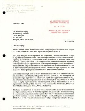 Primary view of object titled 'Texas Attorney General Open Records Letter Ruling: OR2000-0354'.
