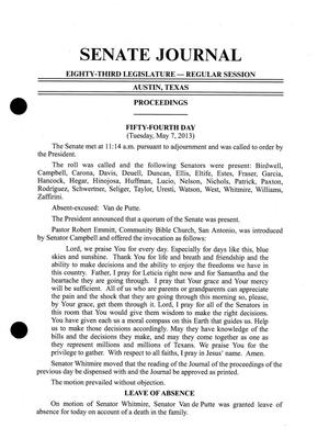Primary view of object titled 'Journal of the Senate of Texas: 83rd Legislature, Regular Session, Tuesday, May 7, 2013'.