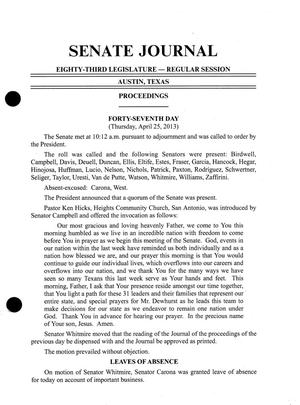 Primary view of object titled 'Journal of the Senate of Texas: 83rd Legislature, Regular Session, Thursday, April 25, 2013'.