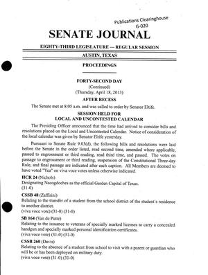 Primary view of object titled 'Journal of the Senate of Texas: 83rd Legislature, Regular Session, Thursday, April 18, 2013 [Continued]'.