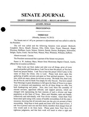 Primary view of object titled 'Journal of the Senate of Texas: 83rd Legislature, Regular Session, Monday, January 14, 2013'.