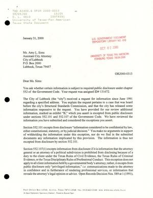 Primary view of object titled 'Texas Attorney General Open Records Letter Ruling: OR2000-0313'.