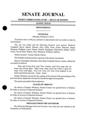 Primary view of object titled 'Journal of the Senate of Texas: 83rd Legislature, Regular Session, Monday, February 4, 2013'.