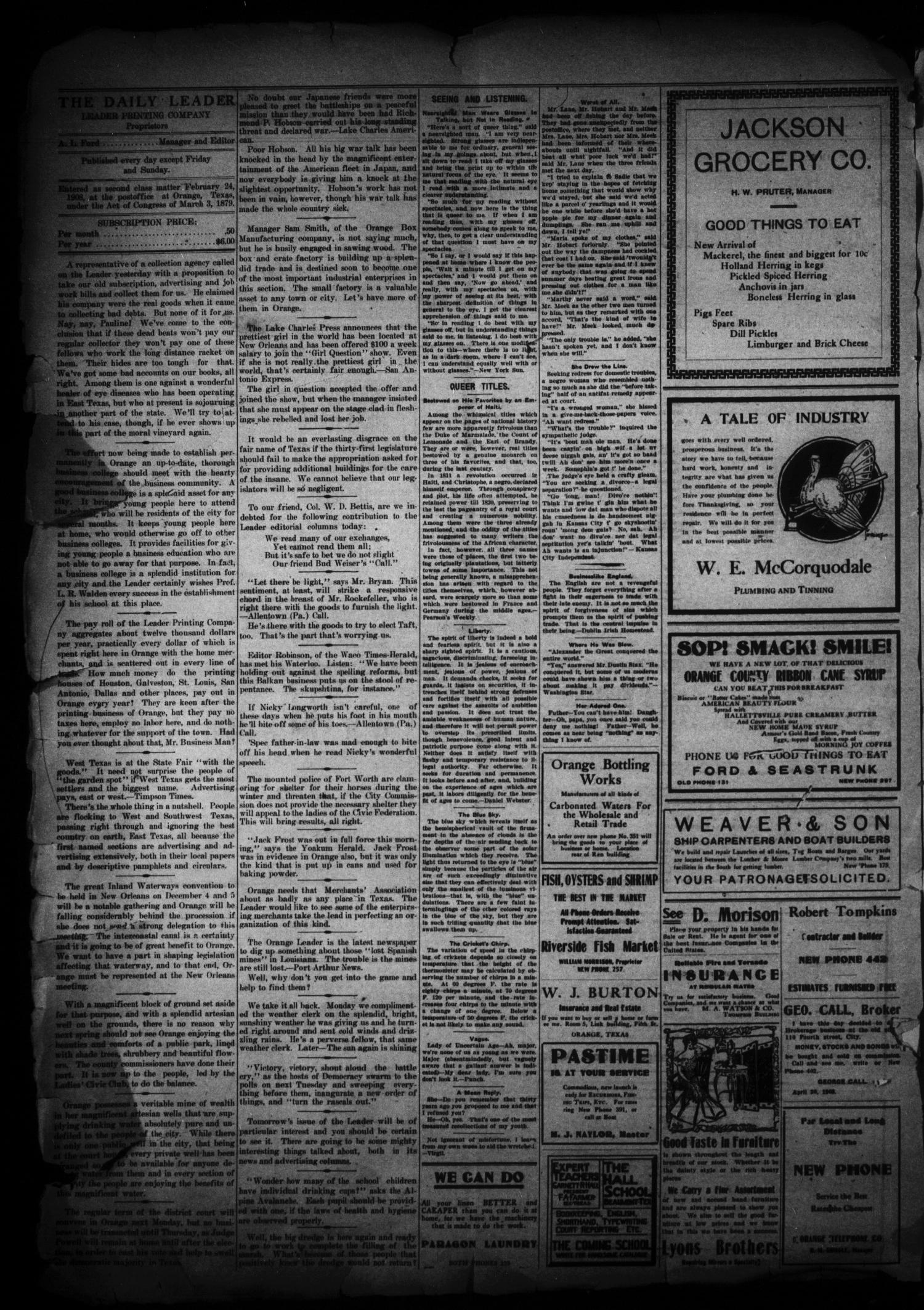 The Daily Leader (Orange, Tex.), Vol. 1, No. 182, Ed. 1 Wednesday, October 28, 1908
                                                
                                                    [Sequence #]: 2 of 4
                                                