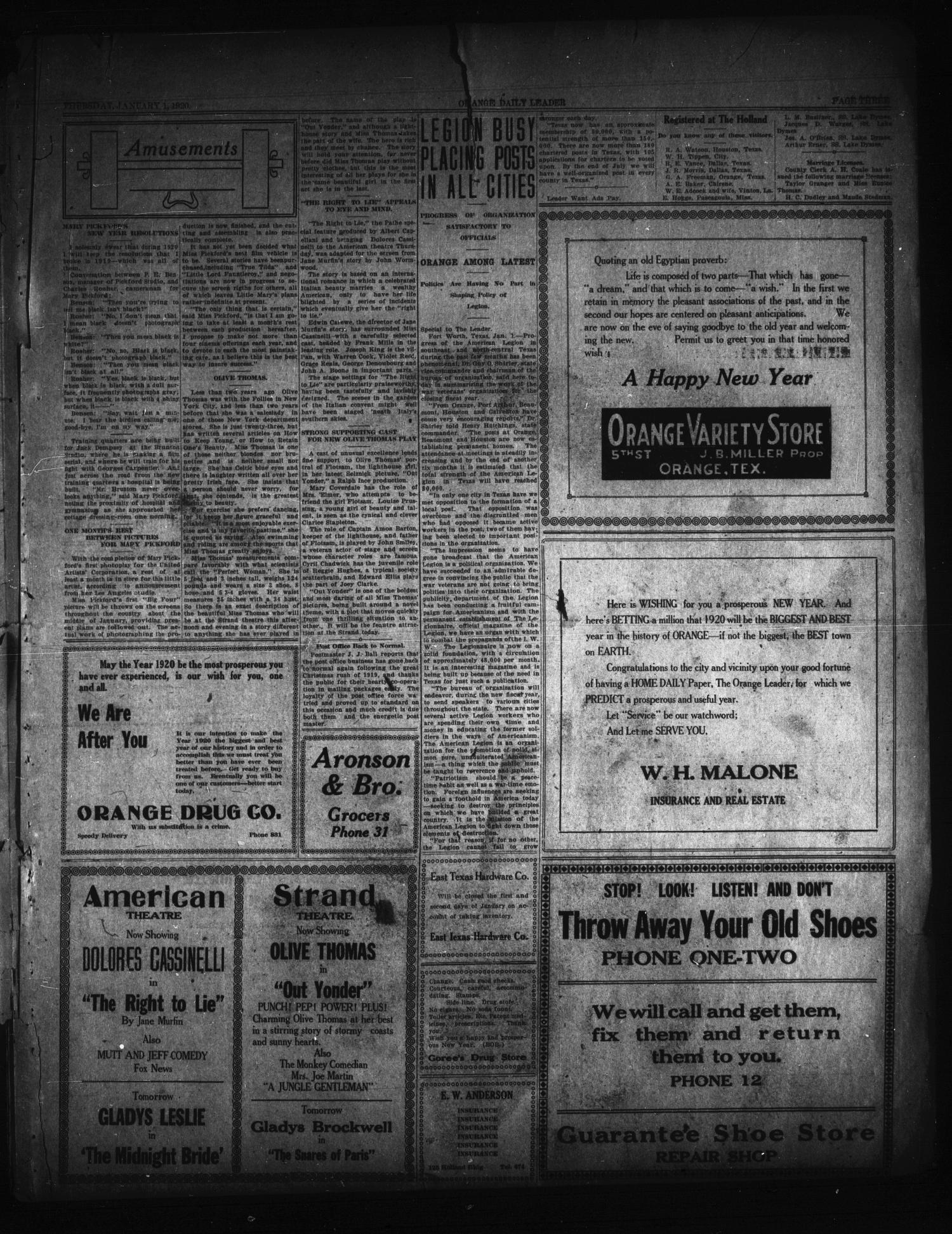 The Orange Daily Leader (Orange, Tex.), Vol. 15, No. 274, Ed. 1 Thursday, January 1, 1920
                                                
                                                    [Sequence #]: 3 of 6
                                                