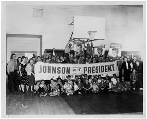 Primary view of object titled '[Children and Adults Holding Banners for JFK and LBJ]'.