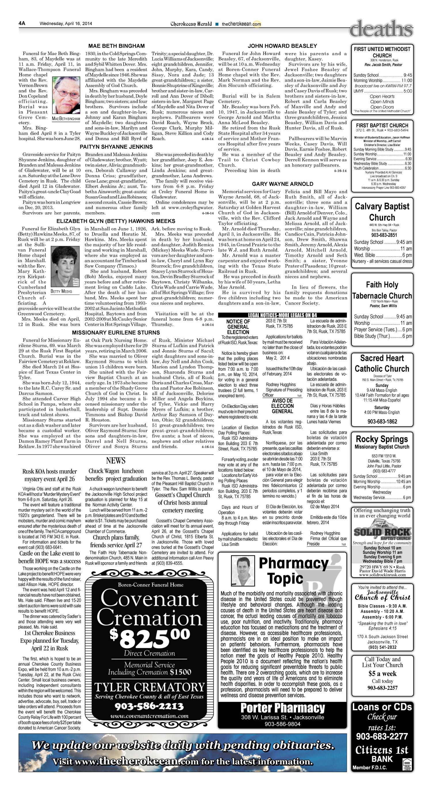 Cherokeean Herald (Rusk, Tex.), Vol. 165, No. 8, Ed. 1 Wednesday, April 16, 2014
                                                
                                                    [Sequence #]: 4 of 16
                                                