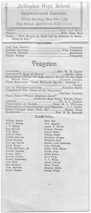Primary view of object titled 'Arlington High School Commencement Program, 1924'.