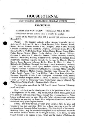 Primary view of object titled 'Journal of the House of Representatives of Texas: 82nd Legislature, Regular Session, Thursday, April 21, 2011 [Continued]'.