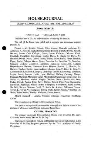 Primary view of object titled 'Journal of the House of Representatives of Texas: 82nd Legislature, First Called Session, June 7, 2011'.