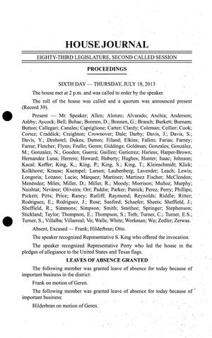 Primary view of object titled 'Journal of the House of Representatives of Texas: 83rd Legislature, Second Called Session Session, Thursday, July 18, 2013'.