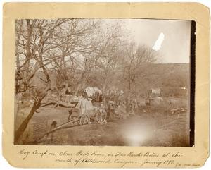 Primary view of object titled 'Hog Camp on Clear Fork River, in Stone Ranch Pasture at the mouth of Cottonwood Canyon'.
