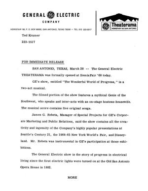 Primary view of object titled 'General Electric Company's Theaterama press release'.