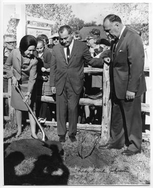 Primary view of object titled 'Lady Bird Johnson, William Sinkin, and Henry B. Gonzalez in Johnson City, Texas'.