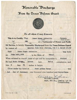 Primary view of object titled '[Honorable Discharge Pappers for James E. Sutherlin from the Texas Defense Guard]'.