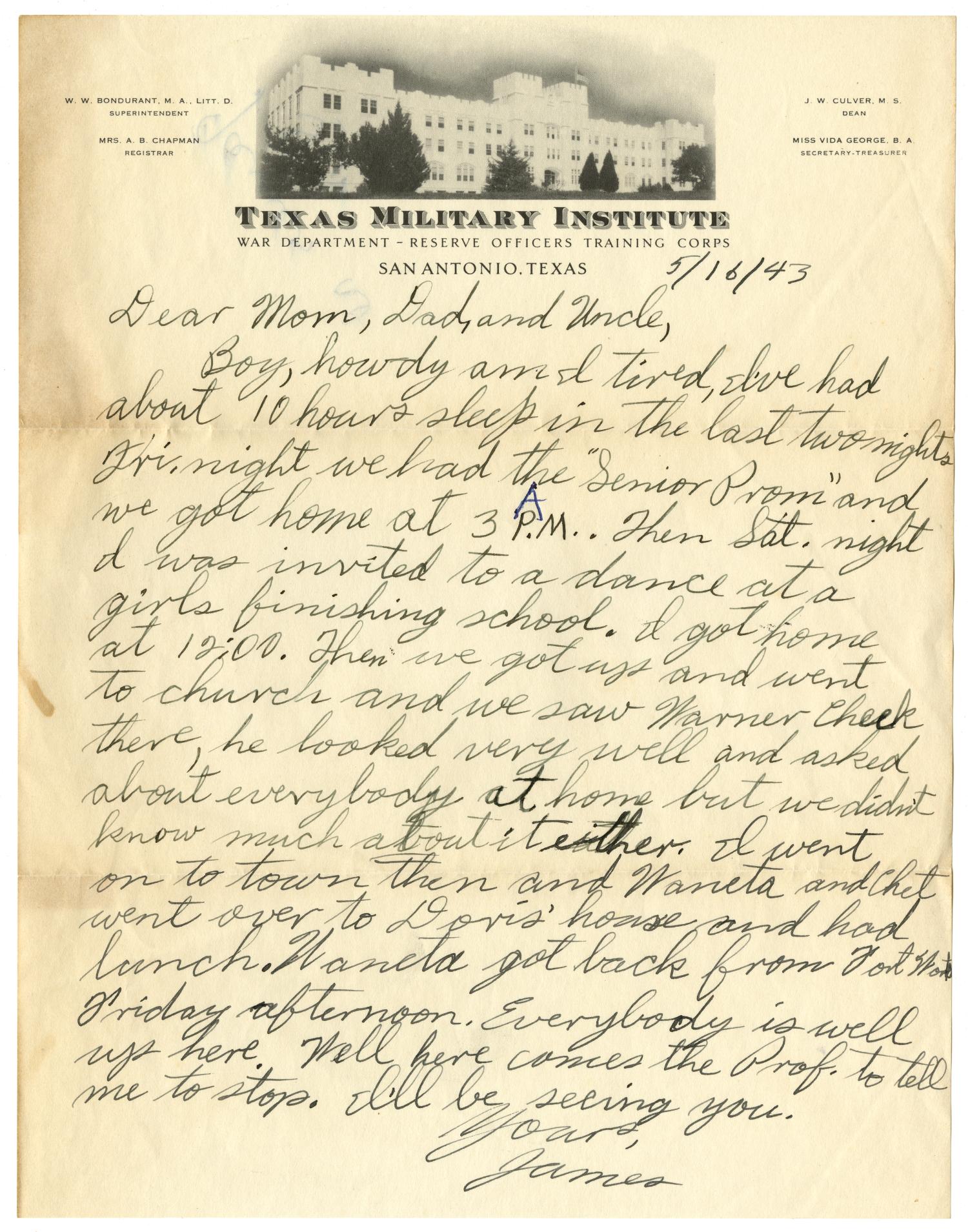 [Letter by James Sutherlin to his parents and uncle - 05/16/1943]
                                                
                                                    [Sequence #]: 1 of 2
                                                