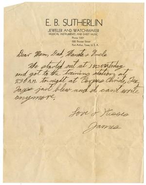 Primary view of object titled '[Letter by James Sutherlin to his parents, "Waneta" and uncle - 07/21/1943]'.