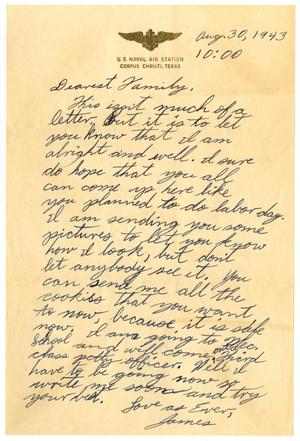 Primary view of object titled '[Letter by James Sutherlin to his family - 08/30/1943]'.