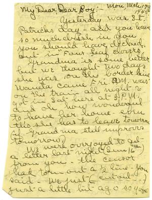 Primary view of object titled '[Letter by Edith Wilson Sutherlin to James E. Sutherlin - 03/17/1945]'.