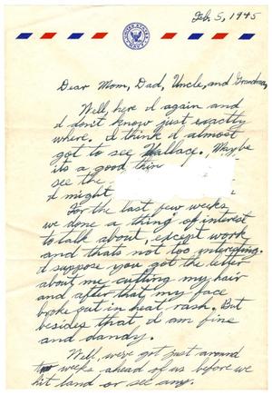 Primary view of object titled '[Letter by James Sutherlin to his family - 02/05/1945]'.